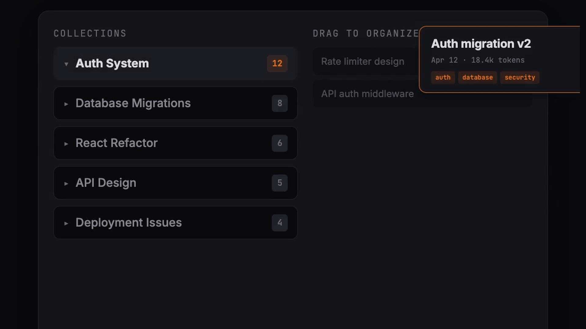 Collections panel — drag-to-organize sessions across projects