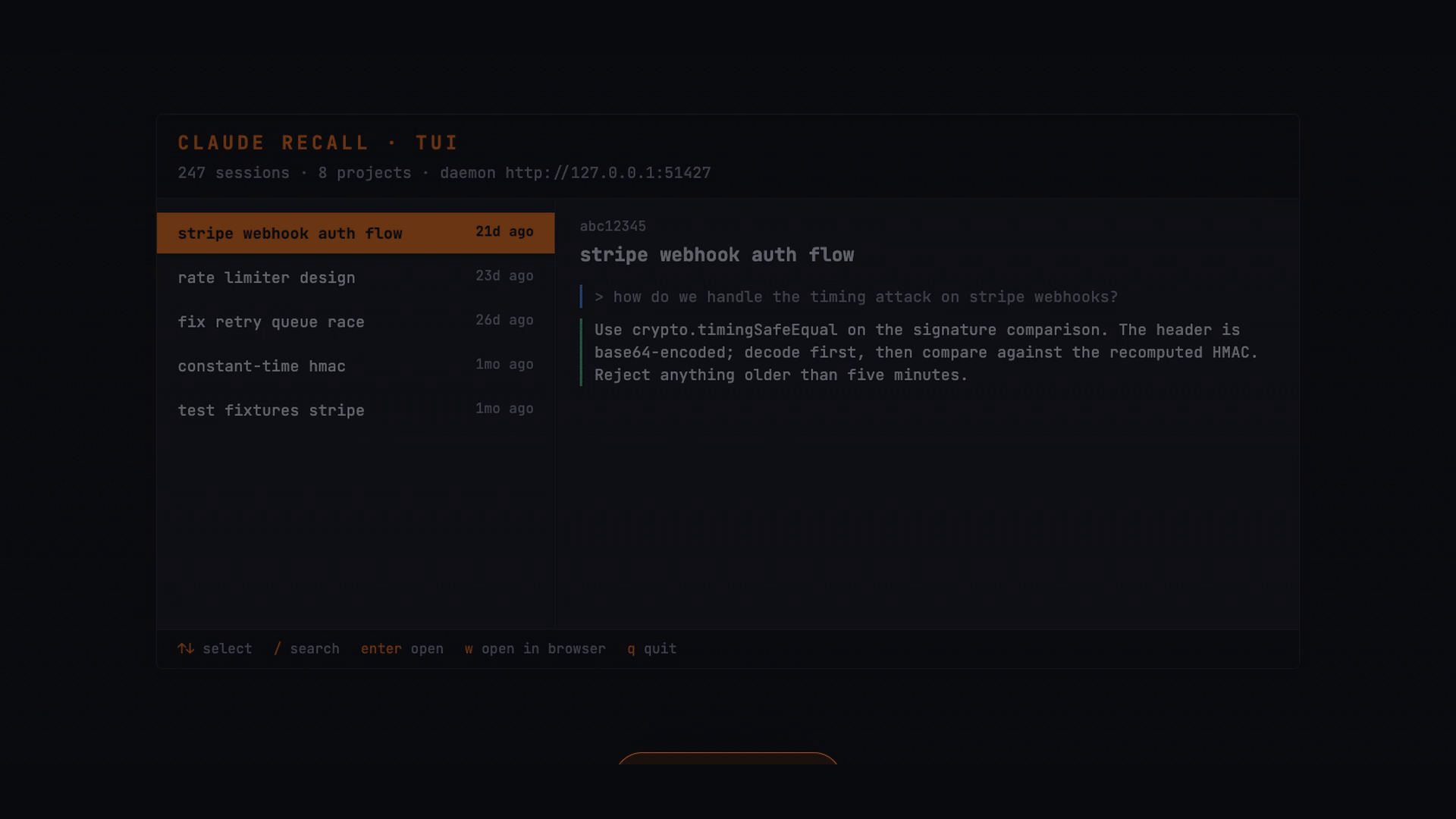 Full-screen terminal UI — sessions list with live preview pane, slash-to-filter